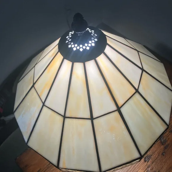 MCM Vintage Craftsman Mission Style Stained Glass Table Lamp - Cream and Brown - Picture 3 of 10